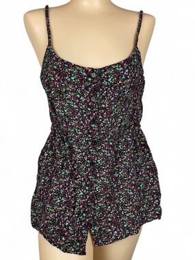 Ruby Rox Dark Floral Button-Front Black Spaghetti Strap Top